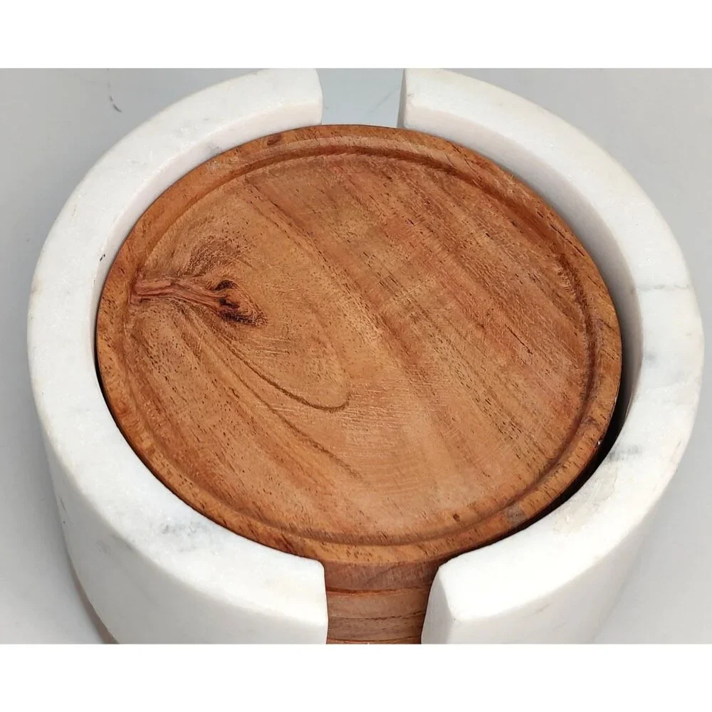 Etched B Monogram Wood Coasters Set with White Heavy Marble Holder Wood Base